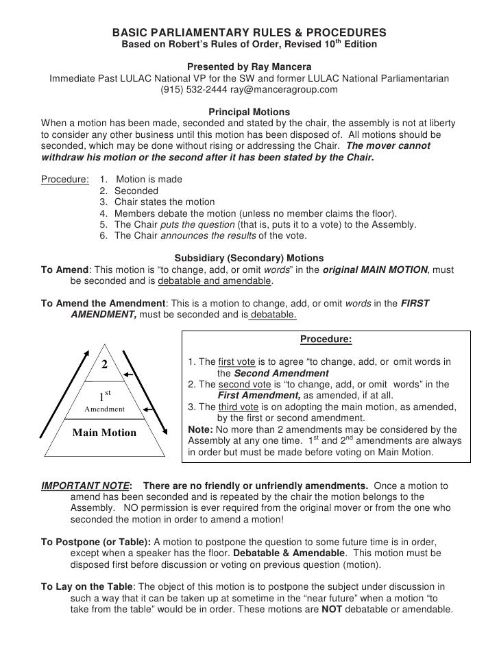parliamentary rules handout robert s rules of order cheat sheet for chair