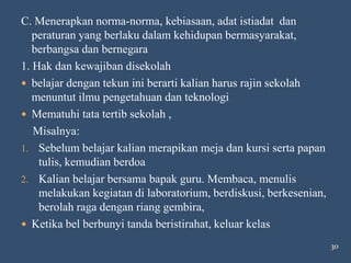 C. Menerapkan norma-norma, kebiasaan, adat istiadat dan
   peraturan yang berlaku dalam kehidupan bermasyarakat,
   berbangsa dan bernegara
1. Hak dan kewajiban disekolah
 belajar dengan tekun ini berarti kalian harus rajin sekolah
   menuntut ilmu pengetahuan dan teknologi
 Mematuhi tata tertib sekolah ,
   Misalnya:
1. Sebelum belajar kalian merapikan meja dan kursi serta papan
    tulis, kemudian berdoa
2. Kalian belajar bersama bapak guru. Membaca, menulis
    melakukan kegiatan di laboratorium, berdiskusi, berkesenian,
    berolah raga dengan riang gembira,
 Ketika bel berbunyi tanda beristirahat, keluar kelas

                                                                   30
 
