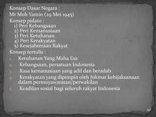 Konsep Dasar Negara :
Mr Moh Yamin (29 Mei 1945)
Konsep pidato :
   1) Peri Kebangsaan
   2) Peri Kemanusiaan
   3) Peri Ketuhanan
   4) Peri Kerakyatan
   5) Kesejahteraan Rakyat
Konsep tertulis :
1. Ketuhanan Yang Maha Esa
2.    Kebangsaan, persatuan Indonesia
3.    Rasa kemanusiaan yang adil dan beradab
4. Kerakyatan yang dipimpin oleh hikmat kebijaksanaan
     dalam permuyawaratan/perwakilan
5.    Keadilan sosial bagi seluruh rakyat Indonesia


                                                        49
 