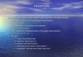 PEMIPAAN


• Besarnya gaya-gaya yang dialami pipa diurakan sebagai berikut:
   – Pada sambungan muai rumus gaya yang bekerja :
       • F = ¼.Л.D2p
   – Pada tikungan rumus gaya yang bekerja :
       • F = 2.γ/g.Q.ν.sinΦ
   – Pada muka dan belakang katup rumus gaya yang bekerja :
       • F = 2. ¼.Л. D2. γ.H
   – Dimana:
       •   F = Gaya yang bekerja (kgf)
       •   D = diameter dalam pipa (m)
       •   p = tekanan hidrostatik (kgf/m2)
       •   γ = berat zat cair per atuan volume (kgf/m3)
       •   v = kecepatan rata-rata aliran dalam pipa (m/s)
 