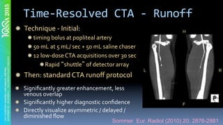 Time-Resolved	CTA	-	Runoff	
" Technique	-	Initial:		
" timing	bolus	at	popliteal	artery	
" 50	mL	at	5	mL/	sec	+	50	mL	saline	chaser	
" 12	low-dose	CTA	acquisitions	over	30	sec	
" Rapid	 shuttle 	of	detector	array	
" Then:	standard	CTA	runoﬀ	protocol	
" Signiﬁcantly	greater	enhancement,	less	
venous	overlap	
" Signiﬁcantly	higher	diagnostic	conﬁdence	
" Directly	visualize	asymmetric	/	delayed	/	
diminished	ﬂow	
Sommer Eur. Radiol (2010) 20: 2876-2881
 