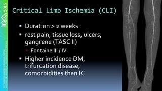 §  Duration	>	2	weeks		
§  rest	pain,	tissue	loss,	ulcers,	
gangrene	(TASC	II)	
ú  Fontaine	III	/	IV	
§  Higher	incidence	DM,	
trifurcation	disease,	
comorbidities	than	IC	
Critical	Limb	Ischemia	(CLI)	
 