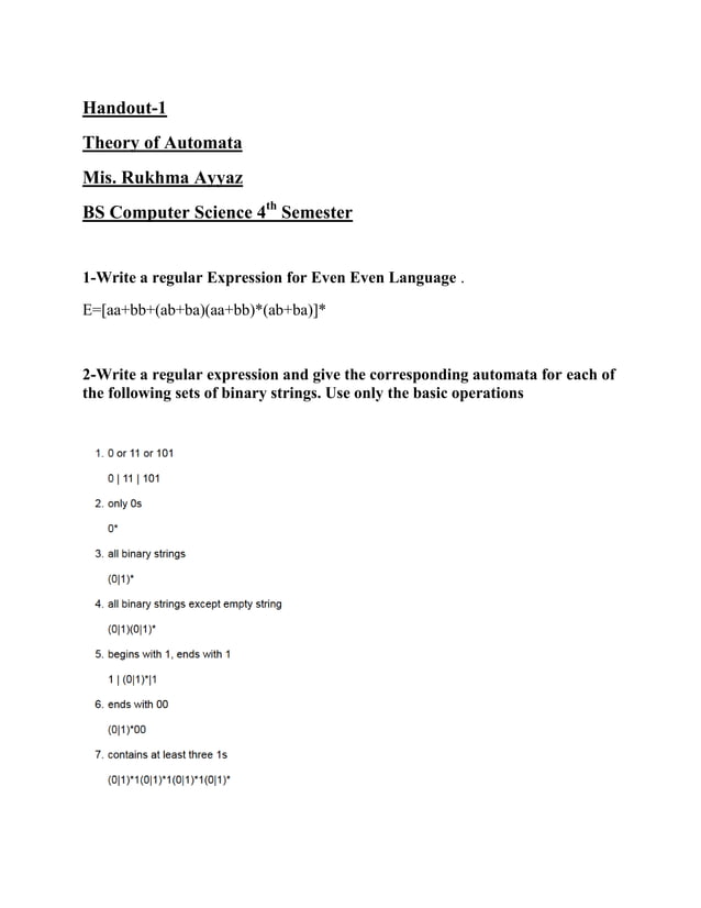 Automata Theory Handout with Regular Expressions | PDF