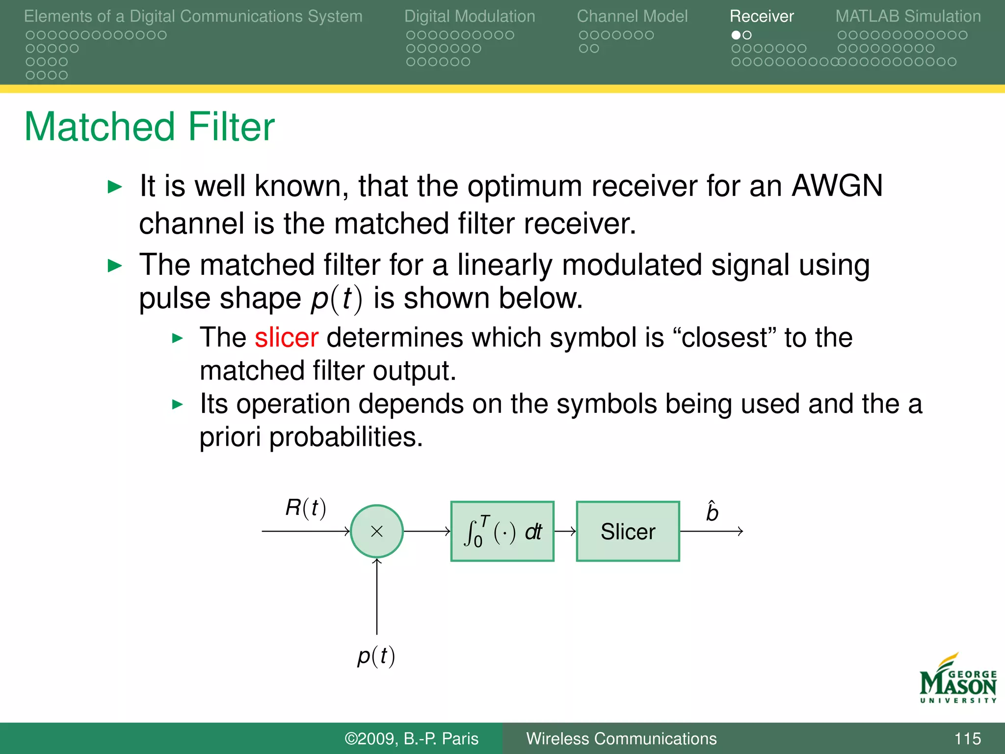 Elements of a Digital Communications System        Digital Modulation     Channel Model       Receiver   MATLAB Simulation




Matched Filter
              It is well known, that the optimum receiver for an AWGN
              channel is the matched ﬁlter receiver.
              The matched ﬁlter for a linearly modulated signal using
              pulse shape p (t ) is shown below.
                      The slicer determines which symbol is “closest” to the
                      matched ﬁlter output.
                      Its operation depends on the symbols being used and the a
                      priori probabilities.

                                R (t )                                                    ˆ
                                                                                          b
                                                            T
                                              ×             0 (·)   dt      Slicer




                                          p (t )


                                         ©2009, B.-P. Paris         Wireless Communications                           115
 