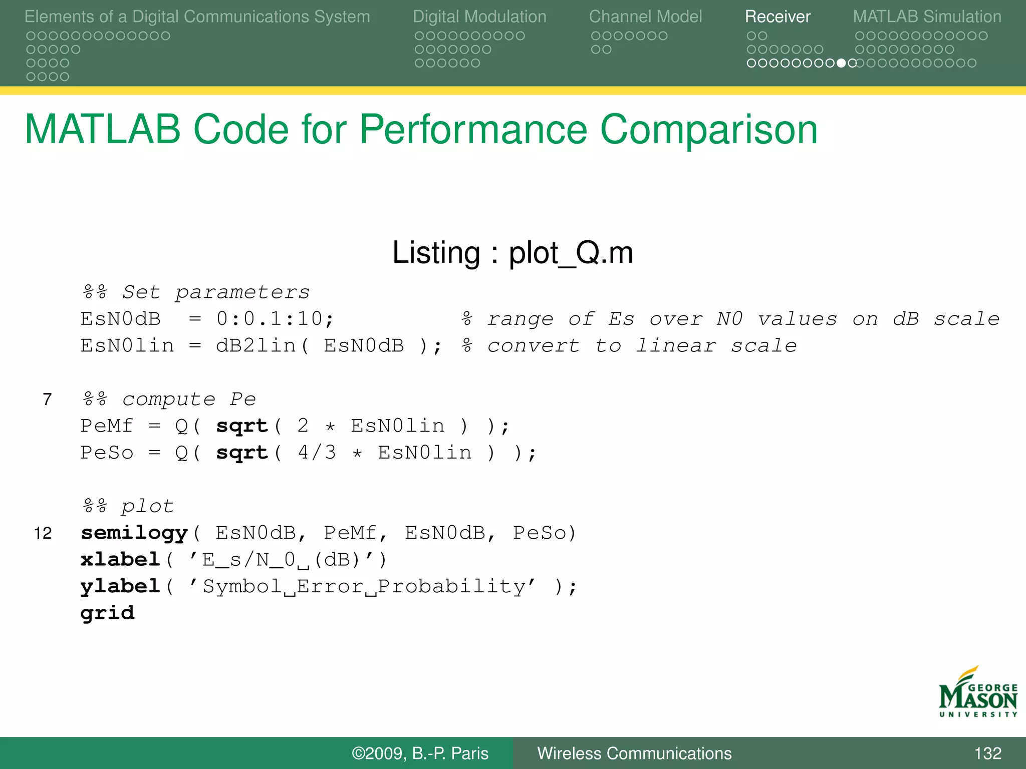 Elements of a Digital Communications System    Digital Modulation    Channel Model       Receiver   MATLAB Simulation




MATLAB Code for Performance Comparison

                                              Listing : plot_Q.m
      %% Set parameters
      EsN0dB = 0:0.1:10;          % range of Es over N0 values on dB scale
      EsN0lin = dB2lin( EsN0dB ); % convert to linear scale

  7   %% compute Pe
      PeMf = Q( sqrt( 2 * EsN0lin ) );
      PeSo = Q( sqrt( 4/3 * EsN0lin ) );

      %% plot
 12   semilogy( EsN0dB, PeMf, EsN0dB, PeSo)
      xlabel( ’E_s/N_0 (dB)’)
      ylabel( ’Symbol Error Probability’ );
      grid




                                        ©2009, B.-P. Paris     Wireless Communications                           132
 