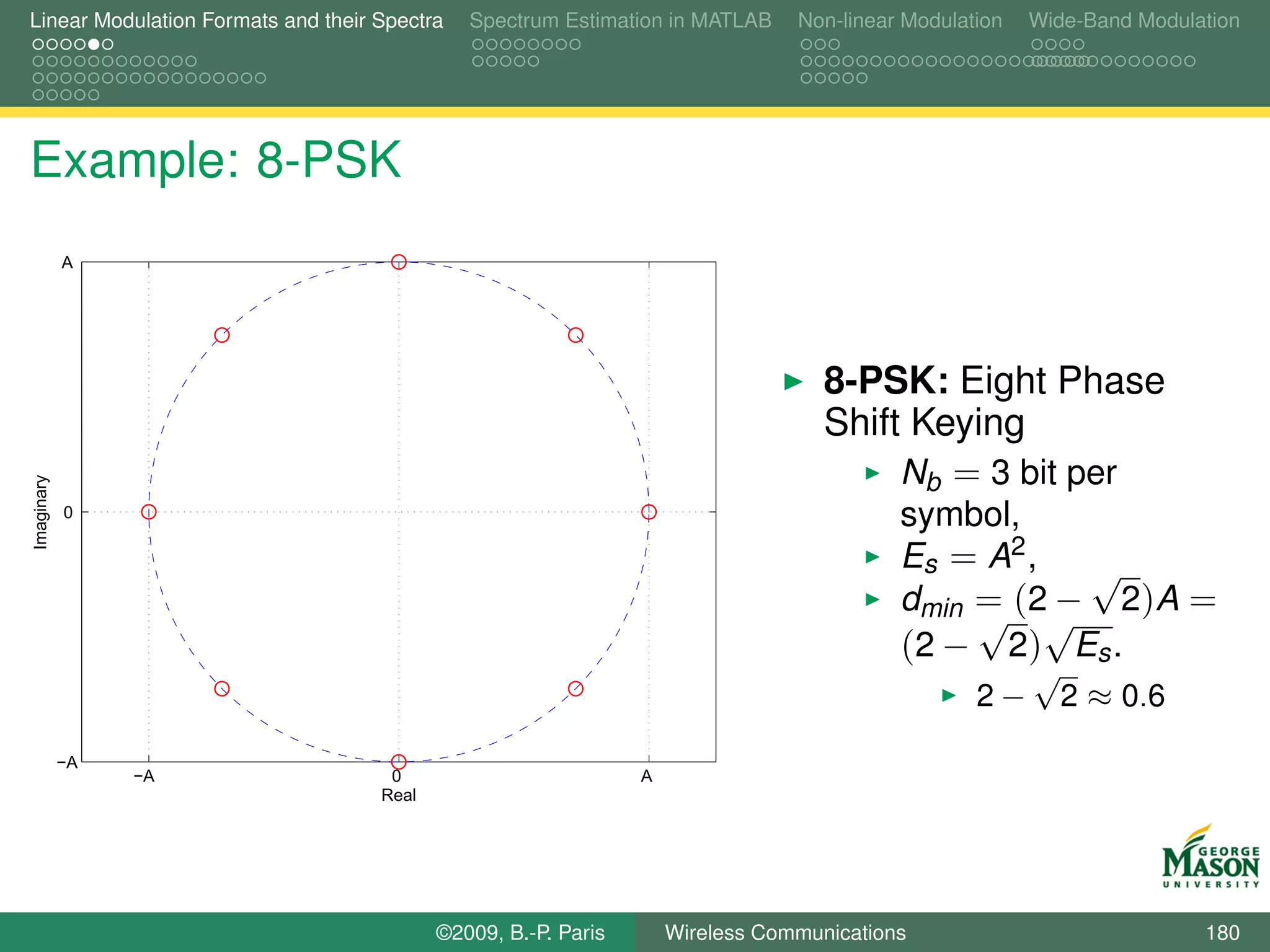 Linear Modulation Formats and their Spectra   Spectrum Estimation in MATLAB     Non-linear Modulation   Wide-Band Modulation




Example: 8-PSK
            A




                                                                                   8-PSK: Eight Phase
                                                                                   Shift Keying
                                                                                        Nb = 3 bit per
Imaginary




            0                                                                             symbol,
                                                                                          Es = A2 ,  √
                                                                                          dmin = (2 − 2)A =
                                                                                               √ √
                                                                                          (2 − 2) Es .
                                                                                                        √
                                                                                                  2−        2 ≈ 0.6
            −A
                 −A                  0                          A
                                    Real




                                           ©2009, B.-P. Paris       Wireless Communications                             180
 