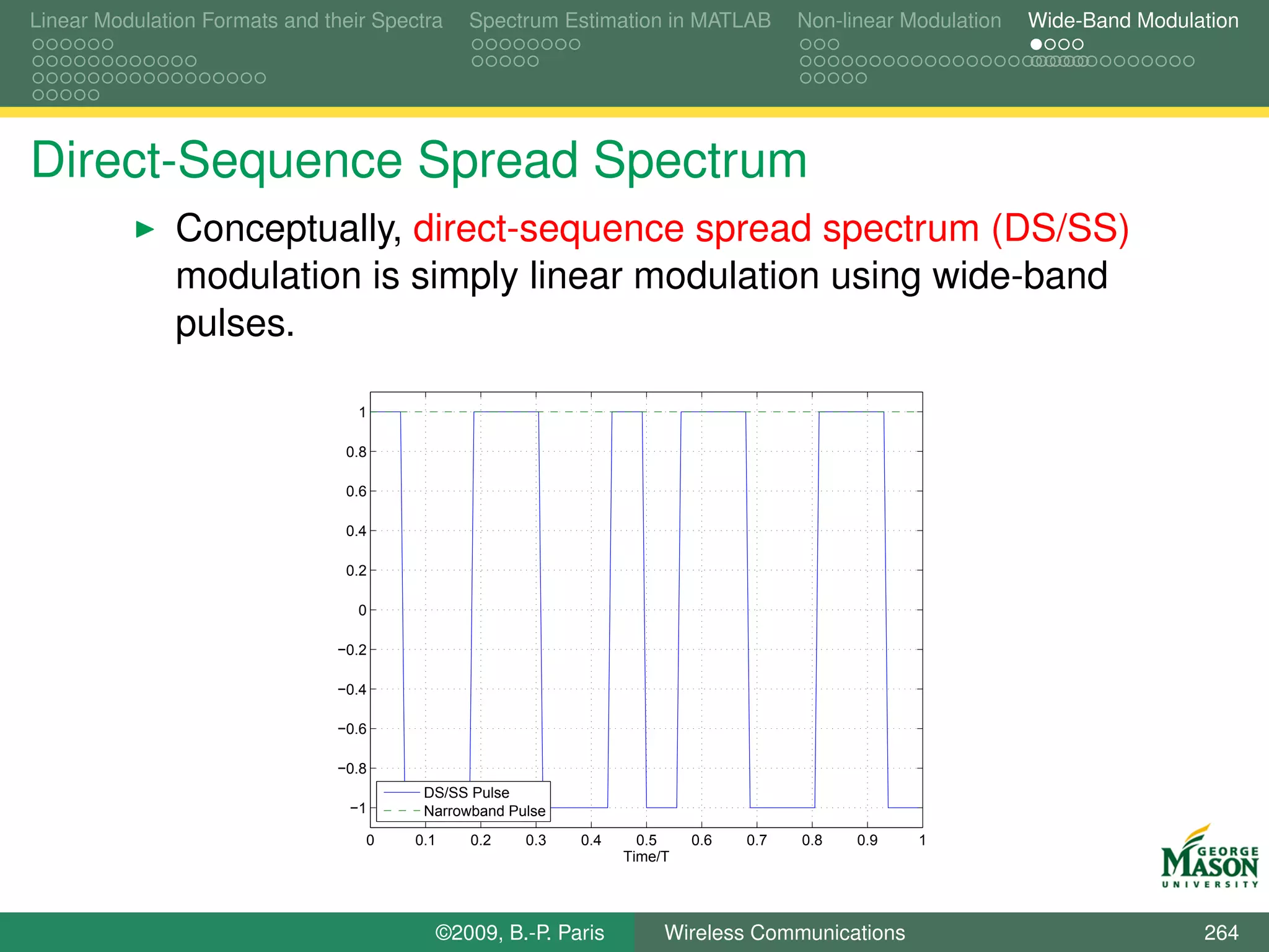 Linear Modulation Formats and their Spectra      Spectrum Estimation in MATLAB          Non-linear Modulation   Wide-Band Modulation




Direct-Sequence Spread Spectrum
               Conceptually, direct-sequence spread spectrum (DS/SS)
               modulation is simply linear modulation using wide-band
               pulses.

                                  1

                                 0.8

                                 0.6

                                 0.4

                                 0.2

                                  0

                                −0.2

                                −0.4

                                −0.6

                                −0.8
                                         DS/SS Pulse
                                 −1      Narrowband Pulse
                                   0    0.1      0.2   0.3   0.4     0.5    0.6   0.7   0.8   0.9   1
                                                                   Time/T




                                              ©2009, B.-P. Paris        Wireless Communications                                 264
 