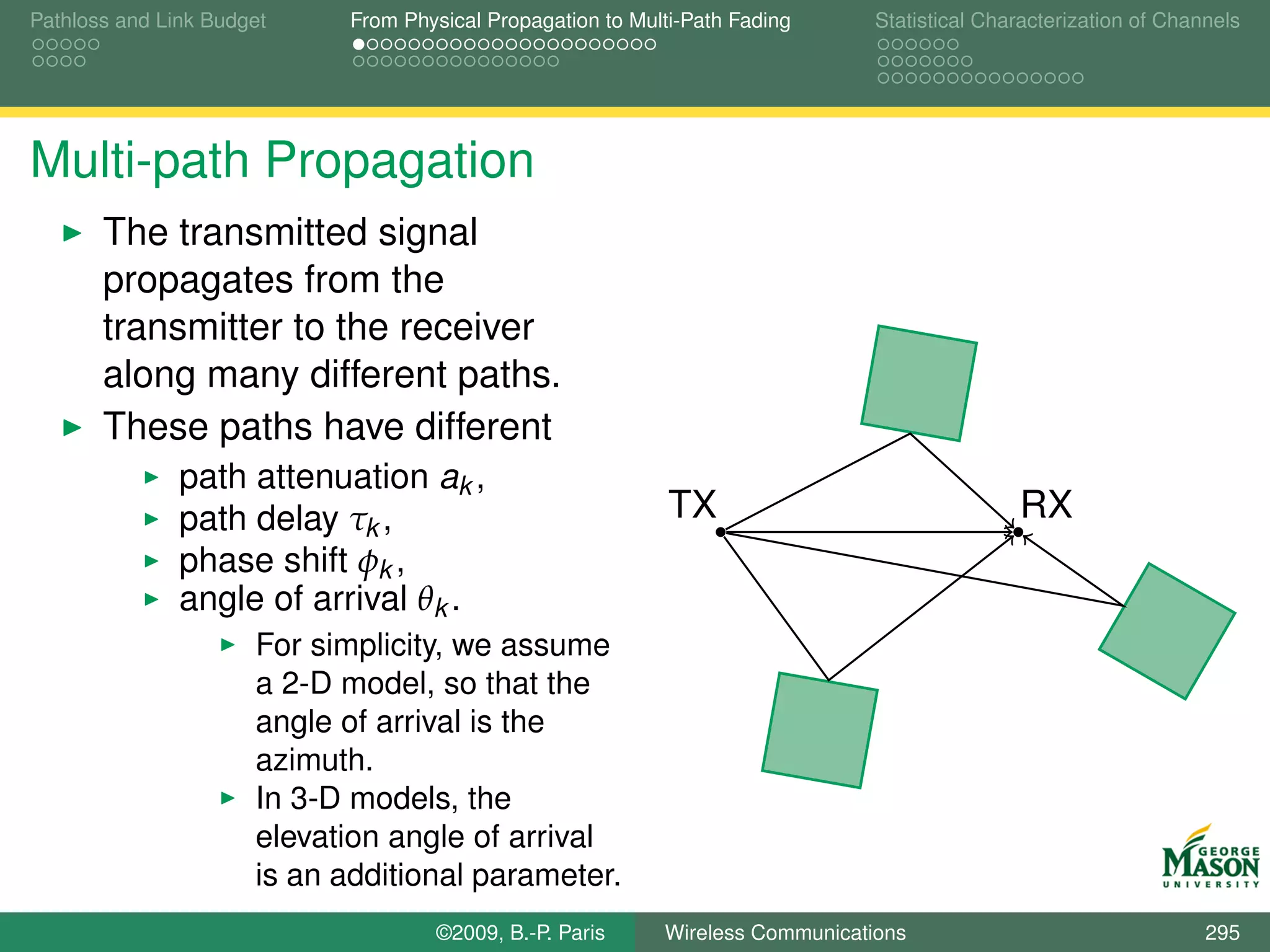 Pathloss and Link Budget    From Physical Propagation to Multi-Path Fading      Statistical Characterization of Channels




Multi-path Propagation
       The transmitted signal
       propagates from the
       transmitter to the receiver
       along many different paths.
       These paths have different
               path attenuation ak ,
               path delay τk ,                               TX                                RX
               phase shift φk ,
               angle of arrival θk .
                      For simplicity, we assume
                      a 2-D model, so that the
                      angle of arrival is the
                      azimuth.
                      In 3-D models, the
                      elevation angle of arrival
                      is an additional parameter.
                                    ©2009, B.-P. Paris      Wireless Communications                                 295
 