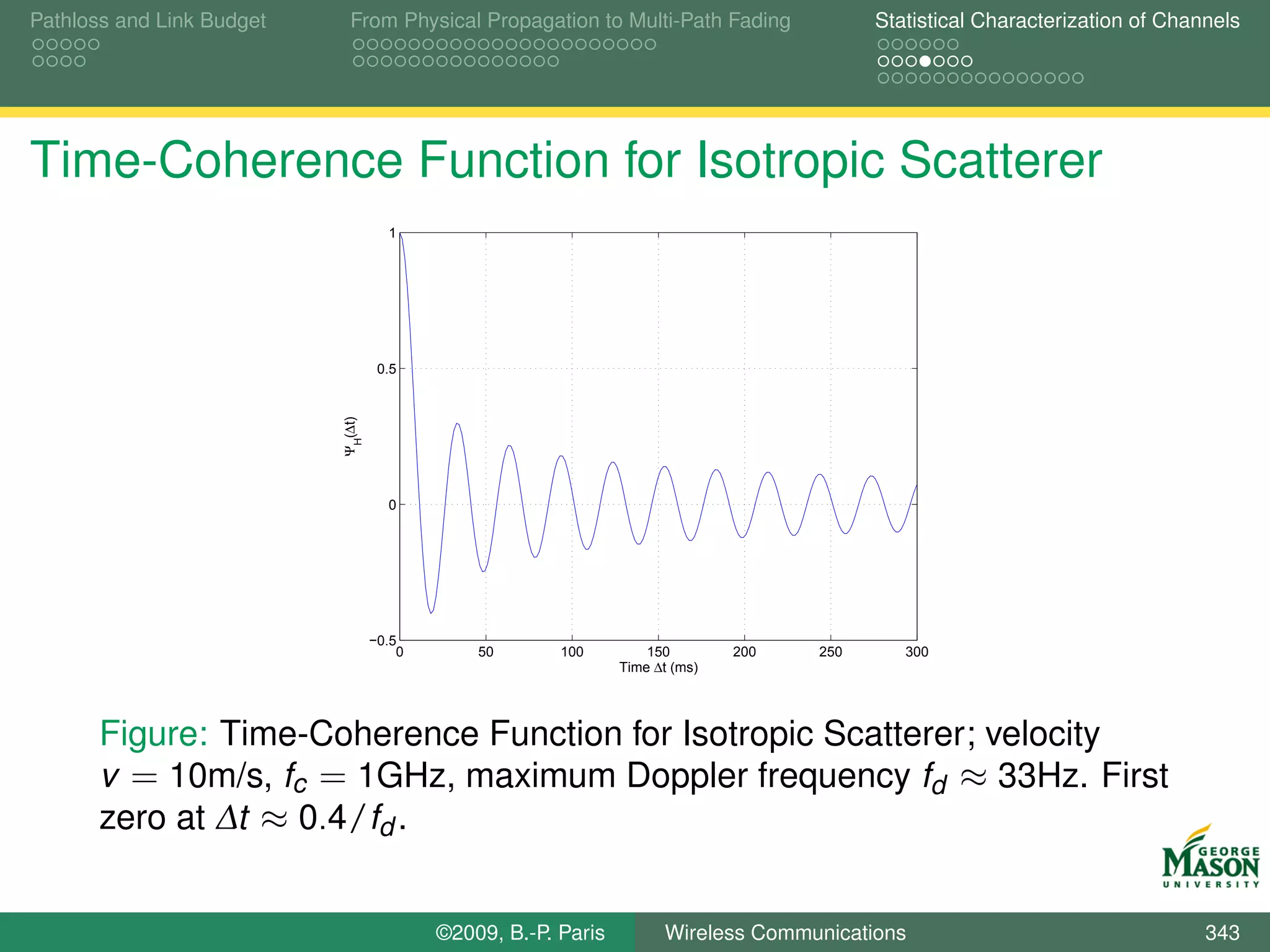 Pathloss and Link Budget      From Physical Propagation to Multi-Path Fading                Statistical Characterization of Channels




Time-Coherence Function for Isotropic Scatterer
                                      1




                                     0.5
                           Ψ (∆t)
                               H




                                      0




                                    −0.5
                                        0       50       100         150        200   250      300
                                                                 Time ∆t (ms)




       Figure: Time-Coherence Function for Isotropic Scatterer; velocity
       v = 10m/s, fc = 1GHz, maximum Doppler frequency fd ≈ 33Hz. First
       zero at ∆t ≈ 0.4/fd .


                                            ©2009, B.-P. Paris         Wireless Communications                                  343
 