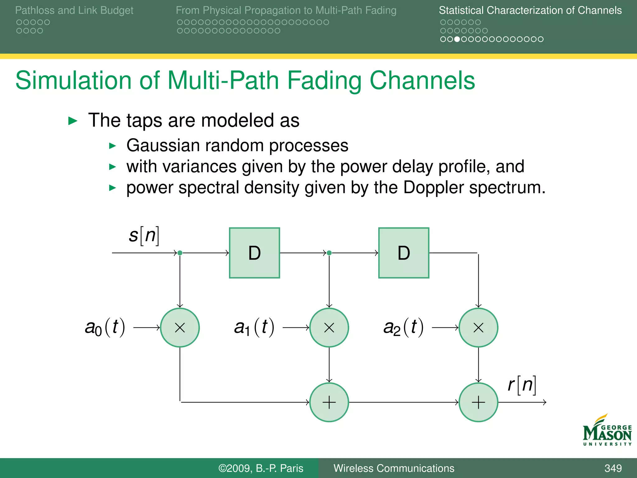 Pathloss and Link Budget        From Physical Propagation to Multi-Path Fading       Statistical Characterization of Channels




Simulation of Multi-Path Fading Channels
              The taps are modeled as
                      Gaussian random processes
                      with variances given by the power delay proﬁle, and
                      power spectral density given by the Doppler spectrum.

                       s [n ]
                                              D                                  D


             a0 (t )            ×          a1 ( t )           ×            a2 (t )         ×

                                                                                                   r [n ]
                                                              +                            +


                                        ©2009, B.-P. Paris      Wireless Communications                                  349
 