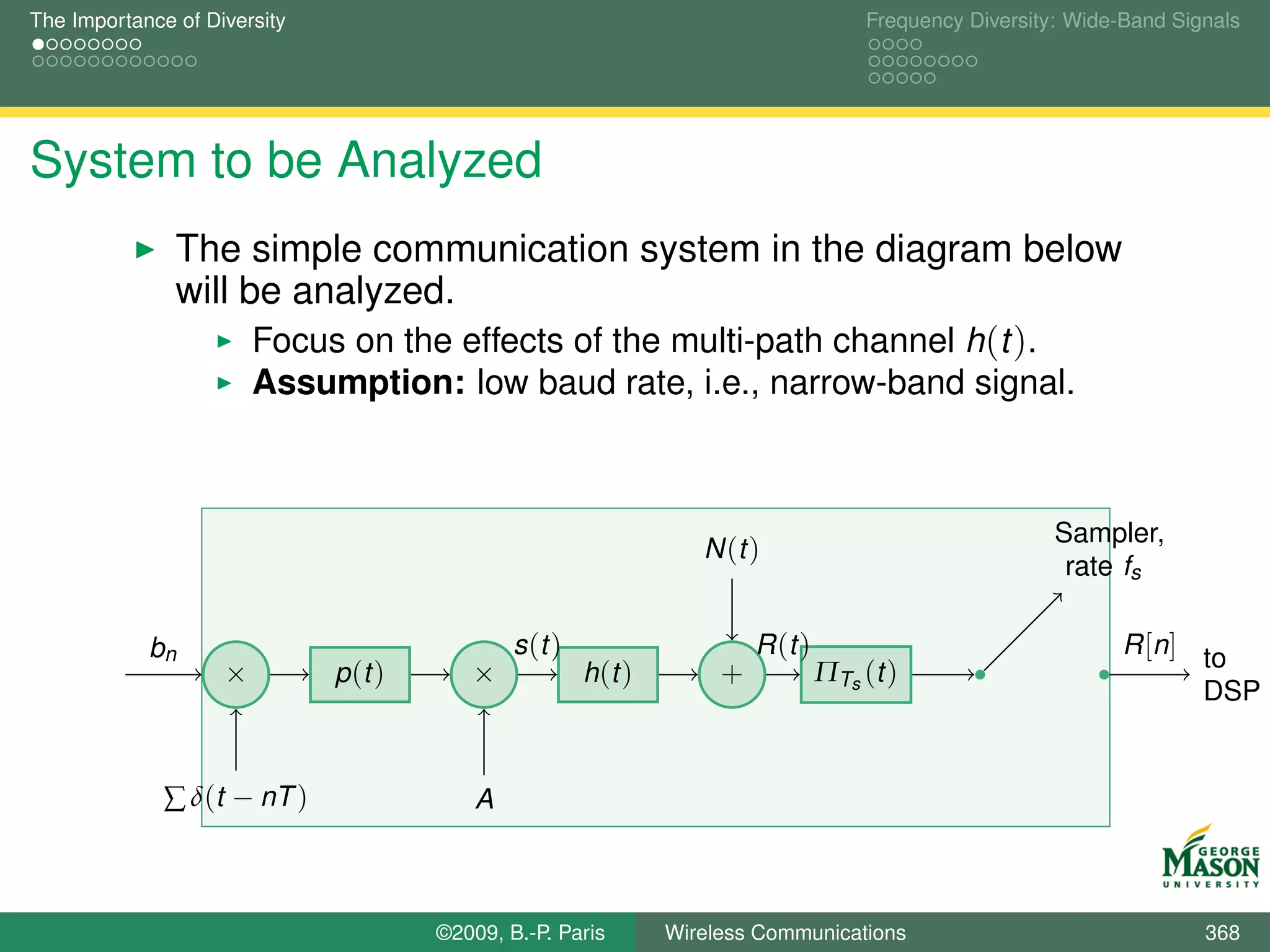 The Importance of Diversity                                                            Frequency Diversity: Wide-Band Signals




System to be Analyzed
               The simple communication system in the diagram below
               will be analyzed.
                     Focus on the effects of the multi-path channel h(t ).
                        Assumption: low baud rate, i.e., narrow-band signal.



                                                                                                          Sampler,
                                                                    N (t )
                                                                                                           rate fs

            bn                                 s (t )                     R (t )                                 R [n] to
                    ×         p (t )      ×             h (t )        +            ΠTs (t )
                                                                                                                       DSP


              ∑ δ(t − nT )                 A



                                       ©2009, B.-P. Paris        Wireless Communications                                 368
 
