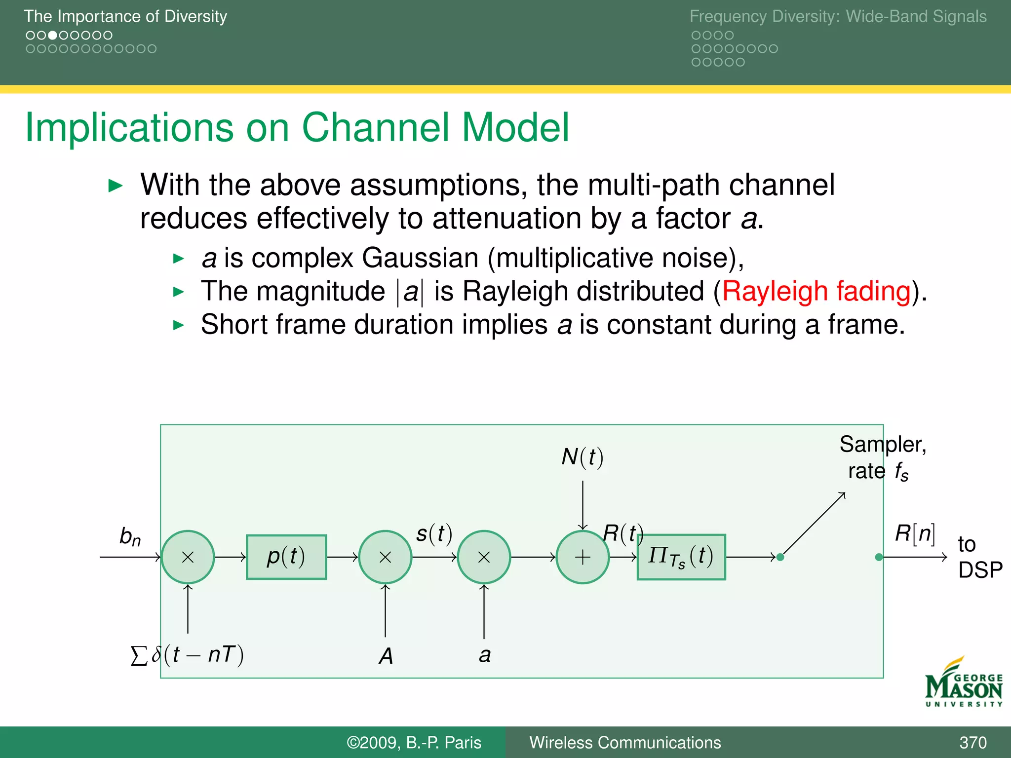 The Importance of Diversity                                                        Frequency Diversity: Wide-Band Signals




Implications on Channel Model
               With the above assumptions, the multi-path channel
               reduces effectively to attenuation by a factor a.
                        a is complex Gaussian (multiplicative noise),
                        The magnitude |a| is Rayleigh distributed (Rayleigh fading).
                        Short frame duration implies a is constant during a frame.



                                                                                                      Sampler,
                                                                N (t )
                                                                                                       rate fs

            bn                                  s (t )                R (t )                                 R [n] to
                    ×         p (t )      ×              ×        +            ΠTs (t )
                                                                                                                   DSP


              ∑ δ(t − nT )                 A             a


                                       ©2009, B.-P. Paris    Wireless Communications                                 370
 