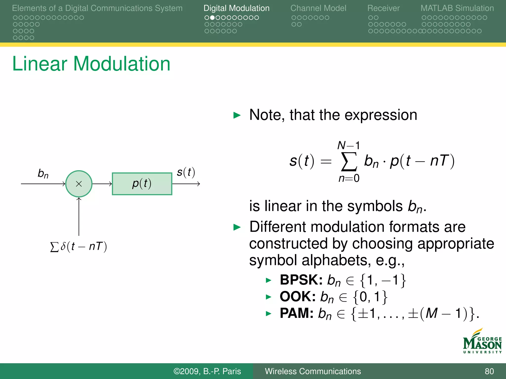 Elements of a Digital Communications System       Digital Modulation    Channel Model       Receiver   MATLAB Simulation




Linear Modulation

                                                              Note, that the expression
                                                                                   N −1

      bn                                 s (t )
                                                                       s (t ) =     ∑       bn · p (t − nT )
                ×             p (t )                                               n =0

                                                              is linear in the symbols bn .
                                                              Different modulation formats are
           ∑ δ(t − nT )                                       constructed by choosing appropriate
                                                              symbol alphabets, e.g.,
                                                                    BPSK: bn ∈ {1, −1}
                                                                    OOK: bn ∈ {0, 1}
                                                                    PAM: bn ∈ {±1, . . . , ±(M − 1)}.



                                        ©2009, B.-P. Paris        Wireless Communications                            80
 