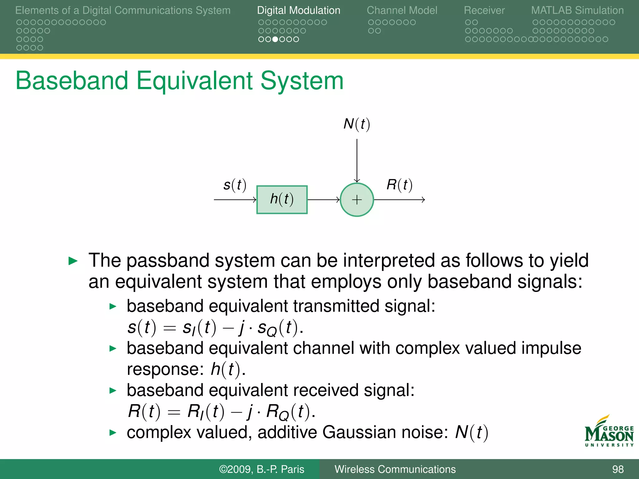 Elements of a Digital Communications System       Digital Modulation        Channel Model   Receiver   MATLAB Simulation




Baseband Equivalent System
                                                                       N (t )



                                         s (t )                                 R (t )
                                                    h (t )              +



              The passband system can be interpreted as follows to yield
              an equivalent system that employs only baseband signals:
                      baseband equivalent transmitted signal:
                      s (t ) = sI (t ) − j · sQ (t ).
                      baseband equivalent channel with complex valued impulse
                      response: h(t ).
                      baseband equivalent received signal:
                      R ( t ) = RI ( t ) − j · RQ ( t ) .
                      complex valued, additive Gaussian noise: N (t )
                                        ©2009, B.-P. Paris        Wireless Communications                            98
 