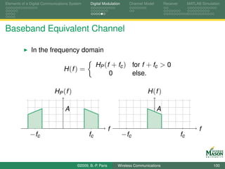 Elements of a Digital Communications System    Digital Modulation      Channel Model       Receiver        MATLAB Simulation




Baseband Equivalent Channel

              In the frequency domain

                                                   HP (f + fc ) for f + fc > 0
                                 H (f ) =
                                                        0       else.

                           HP (f )                                              H (f )

                                 A                                                     A

                                                             f                                                   f
             − fc                             fc                    − fc                              fc



                                        ©2009, B.-P. Paris       Wireless Communications                                100
 
