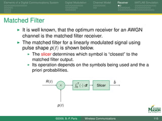Elements of a Digital Communications System        Digital Modulation     Channel Model       Receiver   MATLAB Simulation




Matched Filter
              It is well known, that the optimum receiver for an AWGN
              channel is the matched ﬁlter receiver.
              The matched ﬁlter for a linearly modulated signal using
              pulse shape p (t ) is shown below.
                      The slicer determines which symbol is “closest” to the
                      matched ﬁlter output.
                      Its operation depends on the symbols being used and the a
                      priori probabilities.

                                R (t )                                                    ˆ
                                                                                          b
                                                            T
                                              ×             0 (·)   dt      Slicer




                                          p (t )


                                         ©2009, B.-P. Paris         Wireless Communications                           115
 