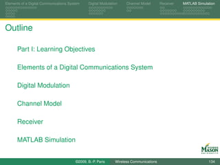 Elements of a Digital Communications System    Digital Modulation    Channel Model       Receiver   MATLAB Simulation




Outline

      Part I: Learning Objectives

      Elements of a Digital Communications System

      Digital Modulation

      Channel Model

      Receiver

      MATLAB Simulation


                                        ©2009, B.-P. Paris     Wireless Communications                           134
 