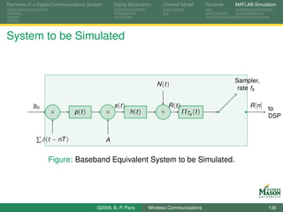 Elements of a Digital Communications System       Digital Modulation      Channel Model          Receiver   MATLAB Simulation




System to be Simulated


                                                                                                            Sampler,
                                                                       N (t )
                                                                                                             rate fs

           bn                                     s (t )                     R (t )                               R [n] to
                   ×          p (t )          ×            h (t )        +            ΠTs (t )
                                                                                                                        DSP


             ∑ δ(t − nT )                     A


                  Figure: Baseband Equivalent System to be Simulated.




                                        ©2009, B.-P. Paris          Wireless Communications                              136
 