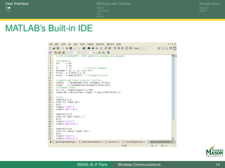 User Interface              Working with Vectors                  Visualization




MATLAB’s Built-in IDE




                 ©2009, B.-P. Paris     Wireless Communications             14
 