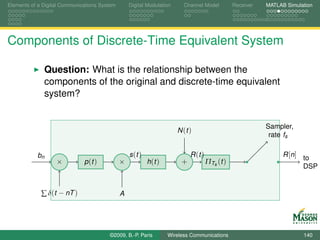 Elements of a Digital Communications System       Digital Modulation      Channel Model          Receiver   MATLAB Simulation




Components of Discrete-Time Equivalent System

              Question: What is the relationship between the
              components of the original and discrete-time equivalent
              system?


                                                                                                            Sampler,
                                                                       N (t )
                                                                                                             rate fs

           bn                                     s (t )                     R (t )                               R [n] to
                   ×          p (t )          ×            h (t )        +            ΠTs (t )
                                                                                                                        DSP


             ∑ δ(t − nT )                     A




                                        ©2009, B.-P. Paris          Wireless Communications                              140
 