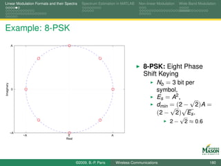Linear Modulation Formats and their Spectra   Spectrum Estimation in MATLAB     Non-linear Modulation   Wide-Band Modulation




Example: 8-PSK
            A




                                                                                   8-PSK: Eight Phase
                                                                                   Shift Keying
                                                                                        Nb = 3 bit per
Imaginary




            0                                                                             symbol,
                                                                                          Es = A2 ,  √
                                                                                          dmin = (2 − 2)A =
                                                                                               √ √
                                                                                          (2 − 2) Es .
                                                                                                        √
                                                                                                  2−        2 ≈ 0.6
            −A
                 −A                  0                          A
                                    Real




                                           ©2009, B.-P. Paris       Wireless Communications                             180
 