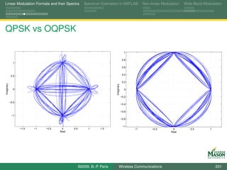 Linear Modulation Formats and their Spectra           Spectrum Estimation in MATLAB             Non-linear Modulation   Wide-Band Modulation




QPSK vs OQPSK

                                                                                      1

                                                                                     0.8
              1
                                                                                     0.6

                                                                                     0.4
             0.5

                                                                                     0.2
Imaginary




                                                                        Imaginary
              0                                                                       0

                                                                                    −0.2

            −0.5
                                                                                    −0.4

                                                                                    −0.6
             −1
                                                                                    −0.8

                                                                                     −1
                   −1.5   −1   −0.5    0     0.5         1      1.5                        −1        −0.5        0         0.5       1
                                      Real                                                                      Real




                                                   ©2009, B.-P. Paris         Wireless Communications                                    201
 