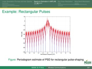 Linear Modulation Formats and their Spectra          Spectrum Estimation in MATLAB             Non-linear Modulation   Wide-Band Modulation




Example: Rectangular Pulses
                                       10


                                        0


                                      −10


                                      −20
                           PSD (dB)




                                      −30


                                      −40


                                      −50


                                      −60


                                      −70
                                       −10   −8     −6    −4     −2        0      2        4       6     8     10
                                                               Normalized Frequency (fT)



        Figure: Periodogram estimate of PSD for rectangular pulse-shaping


                                                  ©2009, B.-P. Paris        Wireless Communications                                    221
 
