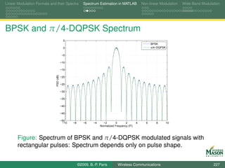 Linear Modulation Formats and their Spectra             Spectrum Estimation in MATLAB              Non-linear Modulation   Wide-Band Modulation




BPSK and π/4-DQPSK Spectrum
                                           5
                                                                                                         BPSK
                                           0                                                             π/4−DQPSK

                                         −5

                                         −10

                                         −15
                              PSD (dB)




                                         −20

                                         −25

                                         −30

                                         −35

                                         −40

                                         −45

                                         −50
                                          −10   −8      −6    −4     −2        0      2        4     6      8        10
                                                                   Normalized Frequency (fT)



       Figure: Spectrum of BPSK and π/4-DQPSK modulated signals with
       rectangular pulses: Spectrum depends only on pulse shape.


                                                     ©2009, B.-P. Paris         Wireless Communications                                    227
 