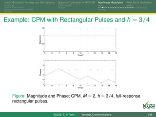 Linear Modulation Formats and their Spectra            Spectrum Estimation in MATLAB        Non-linear Modulation   Wide-Band Modulation




Example: CPM with Rectangular Pulses and h = 3/4
                                          1.5



                                           1

                              Magnitude
                                          0.5



                                           0
                                            5   6       7     8     9      10     11   12     13    14    15
                                                                         Time/T

                                           1

                                           0
                               Phase/π




                                          −1

                                          −2

                                          −3

                                          −4
                                            5   6       7     8     9      10     11   12     13    14    15
                                                                         Time/T



       Figure: Magnitude and Phase; CPM, M = 2, h = 3/4, full-response
       rectangular pulses.


                                                    ©2009, B.-P. Paris       Wireless Communications                                238
 
