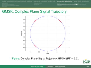 Linear Modulation Formats and their Spectra           Spectrum Estimation in MATLAB     Non-linear Modulation   Wide-Band Modulation




GMSK: Complex Plane Signal Trajectory

                                        0.8

                                        0.6

                                        0.4

                                        0.2
                           Imaginary




                                         0

                                       −0.2

                                       −0.4

                                       −0.6

                                       −0.8


                                              −1            −0.5         0            0.5          1
                                                                        Real



              Figure: Complex Plane Signal Trajectory; GMSK (BT = 0.3).


                                                   ©2009, B.-P. Paris    Wireless Communications                                255
 