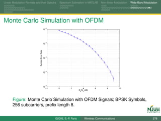 Linear Modulation Formats and their Spectra                    Spectrum Estimation in MATLAB          Non-linear Modulation   Wide-Band Modulation




Monte Carlo Simulation with OFDM
                                                   −1
                                                  10




                                                   −2
                                                  10
                              Symbol Error Rate




                                                   −3
                                                  10




                                                   −4
                                                  10




                                                   −5
                                                  10
                                                       −2     0         2            4            6        8        10
                                                                                 E /N (dB)
                                                                                  s   0




       Figure: Monte Carlo Simulation with OFDM Signals; BPSK Symbols,
       256 subcarriers, preﬁx length 8.

                                                            ©2009, B.-P. Paris            Wireless Communications                             278
 