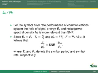 Pathloss and Link Budget   From Physical Propagation to Multi-Path Fading      Statistical Characterization of Channels




Es /N0


              For the symbol error rate performance of communications
              system the ratio of signal energy Es and noise power
              spectral density N0 is more relevant than SNR.
                                              Pr
              Since Es = Pr · Ts =            Rs   and N0 = kT0 · F = PN /BW , it
              follows that
                                              Es        B
                                                 = SNR · W ,
                                              N0        Rs
              where Ts and Rs denote the symbol period and symbol
              rate, respectively.




                                   ©2009, B.-P. Paris      Wireless Communications                                 292
 