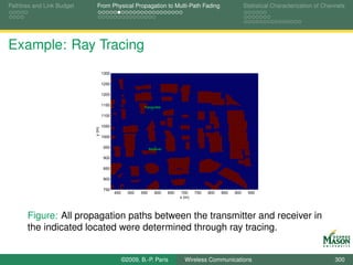 Pathloss and Link Budget    From Physical Propagation to Multi-Path Fading                                     Statistical Characterization of Channels




Example: Ray Tracing
                                   1300

                                   1250

                                   1200

                                   1150
                                                         Transmitter

                                   1100

                                   1050
                           y (m)




                                   1000

                                   950                        Receiver

                                   900

                                   850

                                   800

                                   750
                                          450     500   550      600     650    700    750   800   850   900    950
                                                                               x (m)




       Figure: All propagation paths between the transmitter and receiver in
       the indicated located were determined through ray tracing.


                                                ©2009, B.-P. Paris               Wireless Communications                                           300
 