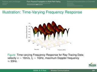 Pathloss and Link Budget                From Physical Propagation to Multi-Path Fading                                  Statistical Characterization of Channels




Illustration: Time-Varying Frequency Response

                                                       −70

                           |Frequency Response| (dB)   −80

                                                       −90

                                                       −100

                                                       −110

                                                       −120

                                                       −130
                                                        200
                                                              150                                                            5
                                                                        100
                                                                                                         0
                                                                                50

                                                                    Time (ms)        0   −5
                                                                                                      Frequency (MHz)




       Figure: Time-varying Frequency Response for Ray-Tracing Data;
       velocity v = 10m/s, fc = 1GHz, maximum Doppler frequency
       ≈ 33Hz.


                                                               ©2009, B.-P. Paris             Wireless Communications                                       326
 