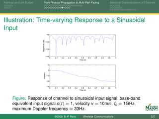 Pathloss and Link Budget          From Physical Propagation to Multi-Path Fading                           Statistical Characterization of Channels




Illustration: Time-varying Response to a Sinusoidal
Input
                                             −80



                           Magnitude (dB)
                                            −100



                                            −120



                                            −140
                                                0   0.1   0.2   0.3   0.4     0.5      0.6   0.7   0.8   0.9   1
                                                                            Time (s)

                                              10


                                               0
                                  Phase/π




                                             −10


                                             −20


                                             −30
                                                0   0.1   0.2   0.3   0.4     0.5      0.6   0.7   0.8   0.9   1
                                                                            Time (s)




       Figure: Response of channel to sinusoidal input signal; base-band
       equivalent input signal s (t ) = 1, velocity v = 10m/s, fc = 1GHz,
       maximum Doppler frequency ≈ 33Hz.
                                                    ©2009, B.-P. Paris          Wireless Communications                                        327
 