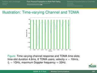 Pathloss and Link Budget          From Physical Propagation to Multi-Path Fading                              Statistical Characterization of Channels




Illustration: Time-varying Channel and TDMA
                                            −80



                                            −90



                                            −100
                           Magnitude (dB)




                                            −110



                                            −120



                                            −130



                                            −140

                                               0   0.05   0.1   0.15   0.2     0.25     0.3   0.35   0.4   0.45   0.5
                                                                             Time (s)




       Figure: Time varying channel response and TDMA time-slots;
       time-slot duration 4.6ms, 8 TDMA users, velocity v = 10m/s,
       fc = 1GHz, maximum Doppler frequency ≈ 33Hz.


                                                   ©2009, B.-P. Paris             Wireless Communications                                         330
 