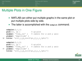 User Interface                             Working with Vectors                  Visualization




Multiple Plots in One Figure

                 MATLAB can either put multiple graphs in the same plot or
                 put multiple plots side by side.
                 The latter is accomplished with the subplot command.
       subplot(2,1,1)
       plot(tt, xx )          % xy-plot
       xlabel( ’Time (s)’ )   % labels for x and y axis
       ylabel( ’Amplitude’ )
 12    title( ’x(t) = A cos(2pi f t + phi)’)

       subplot(2,1,2)
       plot(tt, yy )          % xy-plot
       xlabel( ’Time (s)’ )   % labels for x and y axis
 17    ylabel( ’Amplitude’ )
       title( ’x(t) = A sin(2pi f t + phi)’)



                                ©2009, B.-P. Paris     Wireless Communications             40
 