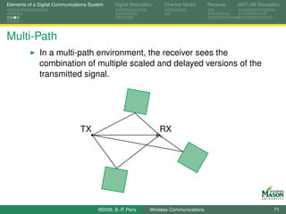 Elements of a Digital Communications System    Digital Modulation    Channel Model       Receiver   MATLAB Simulation




Multi-Path
              In a multi-path environment, the receiver sees the
              combination of multiple scaled and delayed versions of the
              transmitted signal.




                                TX                                  RX




                                        ©2009, B.-P. Paris     Wireless Communications                            71
 