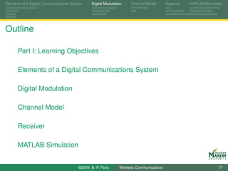 Elements of a Digital Communications System    Digital Modulation    Channel Model       Receiver   MATLAB Simulation




Outline

      Part I: Learning Objectives

      Elements of a Digital Communications System

      Digital Modulation

      Channel Model

      Receiver

      MATLAB Simulation


                                        ©2009, B.-P. Paris     Wireless Communications                            77
 