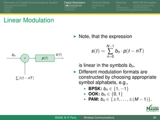 Elements of a Digital Communications System       Digital Modulation    Channel Model       Receiver   MATLAB Simulation




Linear Modulation

                                                              Note, that the expression
                                                                                   N −1

      bn                                 s (t )
                                                                       s (t ) =     ∑       bn · p (t − nT )
                ×             p (t )                                               n =0

                                                              is linear in the symbols bn .
                                                              Different modulation formats are
           ∑ δ(t − nT )                                       constructed by choosing appropriate
                                                              symbol alphabets, e.g.,
                                                                    BPSK: bn ∈ {1, −1}
                                                                    OOK: bn ∈ {0, 1}
                                                                    PAM: bn ∈ {±1, . . . , ±(M − 1)}.



                                        ©2009, B.-P. Paris        Wireless Communications                            80
 