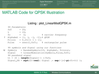 Elements of a Digital Communications System    Digital Modulation    Channel Model       Receiver   MATLAB Simulation




MATLAB Code for QPSK Illustration

                                Listing : plot_LinearModQPSK.m
      %% Parameters:
      fsT      = 20;
      L        = 10;
      fc       = 2;              % carrier frequency
  7   Alphabet = [1, j, -j, -1];% QPSK
      Priors   = 0.25*[1 1 1 1];
      Pulse    = ones(1,fsT);    % rectangular pulse

      %% symbols and Signal using our functions
 12   Symbols   = RandomSymbols(10, Alphabet, Priors);
      Signal    = LinearModulation(Symbols,Pulse,fsT);
      %% passband signal
      tt = (0 : length(Signal)-1 )/fsT;
      Signal_PB = sqrt(2)*real( Signal .* exp(-j*2*pi*fc*tt) );




                                        ©2009, B.-P. Paris     Wireless Communications                            93
 