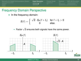 Elements of a Digital Communications System    Digital Modulation      Channel Model       Receiver        MATLAB Simulation




Frequency Domain Perspective
              In the frequency domain:
                                 √
                                   2 · SP (f + fc ) for f + fc > 0
                        S (f ) =
                                        0           else.
                                 √
                      Factor         2 ensures both signals have the same power.

                           SP (f )                                               S (f )
                                                                                       √
                                                                                           2·A
                                 A

                                                             f                                                   f
             − fc                             fc                    − fc                              fc

                                        ©2009, B.-P. Paris       Wireless Communications                                 95
 