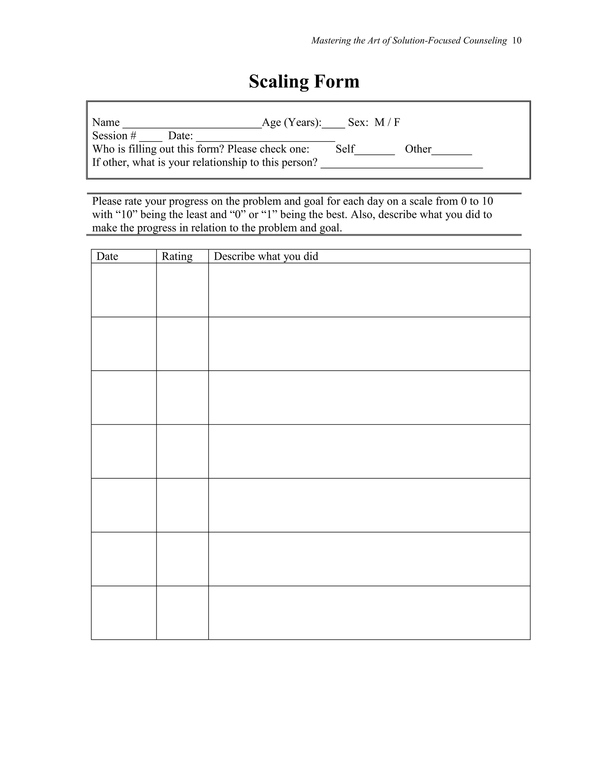 Mastering the Art of Solution-Focused Counseling 10
Scaling Form
Name ________________________Age (Years):____ Sex: M / F
Session # ____ Date: ________________________
Who is filling out this form? Please check one: Self_______ Other_______
If other, what is your relationship to this person? ____________________________
Please rate your progress on the problem and goal for each day on a scale from 0 to 10
with “10” being the least and “0” or “1” being the best. Also, describe what you did to
make the progress in relation to the problem and goal.
Date Rating Describe what you did
 