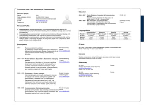 Example Education 
2006 - 2007 Public Relations Consultant & Communication 
Manager 
Distance learning. Diploma with final grade 1,8 
(grade scale 1-10 with 1 being the best) 
ECUK, UK 
1994 - 2000 MA: Information & Communication 
Communication and information planning, 
communication in organizations, oral communication 
and information, project handling 
University of 
Paris, France 
1994 – 2000 MA: Information & Communication 
University of Paris, France 
Communication and information planning, communication in 
organizations, oral communication, and information, project 
handling 
 
