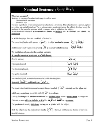 Nominal Sentence.doc Page 4
Nominal Sentence )‫ﹸ‬‫ﺔ‬‫ﹶ‬‫ﻠ‬‫ﻤ‬‫ﺠ‬‫ﹾ‬‫ﻟ‬‫ﹶ‬‫ﺍ‬‫ﺍ‬‫ﻻ‬‫ﹸ‬‫ﺔ‬‫ﻴ‬‫ﻤ‬‫ﺳ‬(
What is a sentence?
Sentence is a group of words which make complete sense.
Muhammad is a student.
Hamid is sick.
The core ingredients of any sentence are a subject and a predicate. The subject names a person, a place
or a thing we are talking about. The predicate makes a statement about the subject. In other words the
predicate is the part of a sentence which expresses what is said about the subject.
In the above two sentences Muhammad and Hamid are subjects and “is a student” and “is sick” are
predicates.
In Arabic language there are two kinds of sentences.
The one which begins with a noun )‫ﻢ‬‫ﺳ‬‫ﺍ‬( is called nominal sentence ‫ﹾ‬‫ﻟ‬‫ﺍ‬‫ﹸ‬‫ﺔ‬‫ﹶ‬‫ﻠ‬‫ﻤ‬‫ﺠ‬‫ﺍﻻ‬‫ﹸ‬‫ﺔ‬‫ﻴ‬‫ﻤ‬‫ﺳ‬
And the one which begins with a verb )‫ﹲ‬‫ﻞ‬‫ﻌ‬‫ﻓ‬( is called verbal sentence ‫ﹾ‬‫ﻟ‬‫ﺍ‬‫ﹸ‬‫ﺔ‬‫ﹶ‬‫ﻠ‬‫ﻤ‬‫ﺠ‬‫ﹾ‬‫ﻟ‬‫ﺍ‬‫ﹸ‬‫ﺔ‬‫ﻴ‬‫ﻠ‬‫ﻌ‬‫ﻔ‬
We shall discuss here only the nominal sentence.
A simple nominal sentence is of this form:
Zayd is learned. ‫ﻢ‬‫ﻟ‬‫ﺎ‬‫ﻋ‬ ‫ﺪ‬‫ﻳ‬‫ﺯ‬
Fatimah is learned. ‫ﹸ‬‫ﺔ‬‫ﻤ‬‫ﻃ‬‫ﹶﺎ‬‫ﻓ‬‫ﺔ‬‫ﻤ‬‫ﻟ‬‫ﺎ‬‫ﻋ‬ٌ
The boy is intelligent. ‫ﻲ‬‫ﻛ‬‫ﹶ‬‫ﺫ‬ ‫ﺪ‬‫ﹶ‬‫ﻟ‬‫ﹾﻮ‬‫ﻟ‬‫ﹶ‬‫ﺍ‬
The girl is beautiful. ‫ﹲ‬‫ﺔ‬‫ﹶ‬‫ﻠ‬‫ﻴ‬‫ﻤ‬‫ﺟ‬ ‫ﺖ‬‫ﻨ‬‫ﹺ‬‫ﺒ‬‫ﹾ‬‫ﻟ‬‫ﹶ‬‫ﺍ‬
Just like in English, a nominal sentence in Arabic has two parts:
Subject ( ‫ﹸ‬‫ﺃ‬‫ﺪ‬‫ﺘ‬‫ﺒ‬‫ﻤ‬‫ﹾ‬‫ﻟ‬‫ﹶ‬‫ﺍ‬ )and Predicate ( ‫ﺮ‬‫ﺒ‬‫ﺨ‬‫ﹾ‬‫ﻟ‬‫ﹶ‬‫ﺍ‬ )
The noun with which the nominal sentence begins is called )‫ﹲ‬‫ﺃ‬‫ﺪ‬‫ﺘ‬‫ﺒ‬‫ﻣ‬( subject, and the other part
which says something about it is called )‫ﺮ‬‫ﺒ‬‫ﺧ‬( predicate.
Usually, the subject of a nominal sentence is a definite noun, either a proper noun like Zayd and
Fatimah , a noun with the definite article like ‫ﺪ‬‫ﹶ‬‫ﻟ‬‫ﻮ‬‫ﹾ‬‫ﻟ‬‫ﹶ‬‫ﺍ‬and ‫ﺖ‬‫ﻨ‬‫ﹺ‬‫ﺒ‬‫ﹾ‬‫ﻟ‬‫ﹶ‬‫ﺍ‬ or a pronoun.
The predicate is usually indefinite, and agrees in gender with the subject.
Both the subject and the predicate are marfu ‫ﻉ‬‫ﻮ‬‫ﹸ‬‫ﻓ‬‫ﺮ‬‫ﻣ‬, that is, it will have one dumma or tanween
(double) dumma.
 