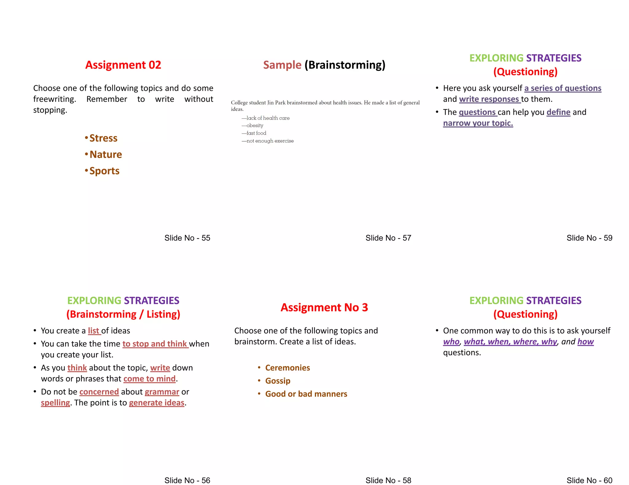 Assignment 02
Choose one of the following topics and do some
freewriting. Remember to write without
stopping.
•Stress
•Nature
•Sports
EXPLORING
EXPLORING STRATEGIES
STRATEGIES
(Brainstorming / Listing)
• You create a list of ideas
• You can take the time to stop and think when
you create your list.
• As you think about the topic, write down
• As you think about the topic, write down
words or phrases that come to mind.
• Do not be concerned about grammar or
spelling. The point is to generate ideas.
Sample (Brainstorming)
Assignment No 3
Assignment No 3
Choose one of the following topics and
brainstorm. Create a list of ideas.
• Ceremonies
• Ceremonies
• Gossip
• Good or bad manners
EXPLORING
EXPLORING STRATEGIES
STRATEGIES
(Questioning)
• Here you ask yourself a series of questions
and write responses to them.
• The questions can help you define and
narrow your topic.
narrow your topic.
EXPLORING
EXPLORING STRATEGIES
STRATEGIES
(Questioning)
• One common way to do this is to ask yourself
who, what, when, where, why, and how
questions.
 