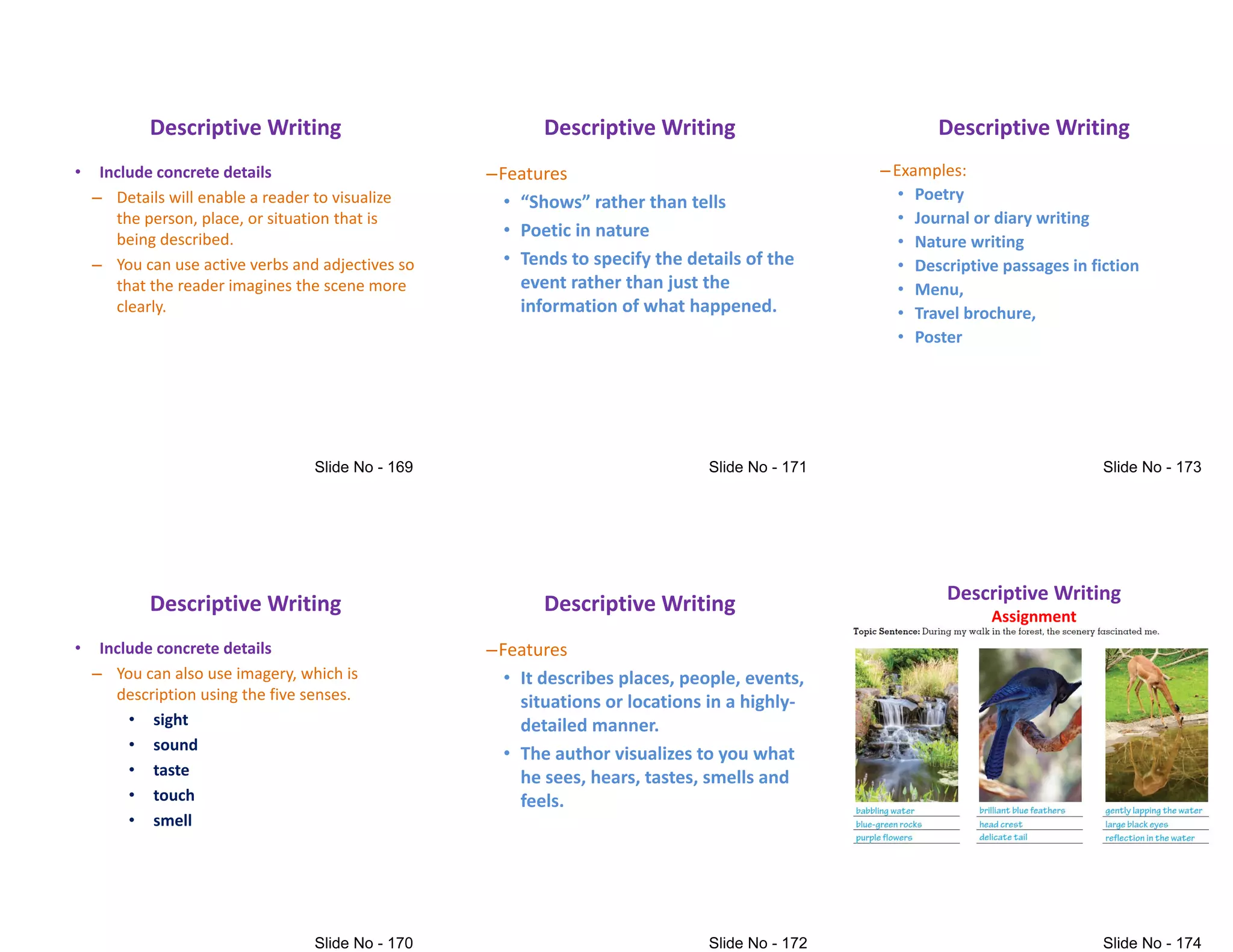 Descriptive Writing
• Include concrete details
– Details will enable a reader to visualize
the person, place, or situation that is
being described.
being described.
– You can use active verbs and adjectives so
that the reader imagines the scene more
clearly.
Descriptive Writing
• Include concrete details
– You can also use imagery, which is
description using the five senses.
• sight
• sight
• sound
• taste
• touch
• smell
Descriptive Writing
–Features
• “Shows” rather than tells
• Poetic in nature
• Poetic in nature
• Tends to specify the details of the
event rather than just the
information of what happened.
Descriptive Writing
–Features
• It describes places, people, events,
situations or locations in a highly-
detailed manner.
detailed manner.
• The author visualizes to you what
he sees, hears, tastes, smells and
feels.
Descriptive Writing
–Examples:
• Poetry
• Journal or diary writing
• Nature writing
• Nature writing
• Descriptive passages in fiction
• Menu,
• Travel brochure,
• Poster
Descriptive Writing
Assignment
 