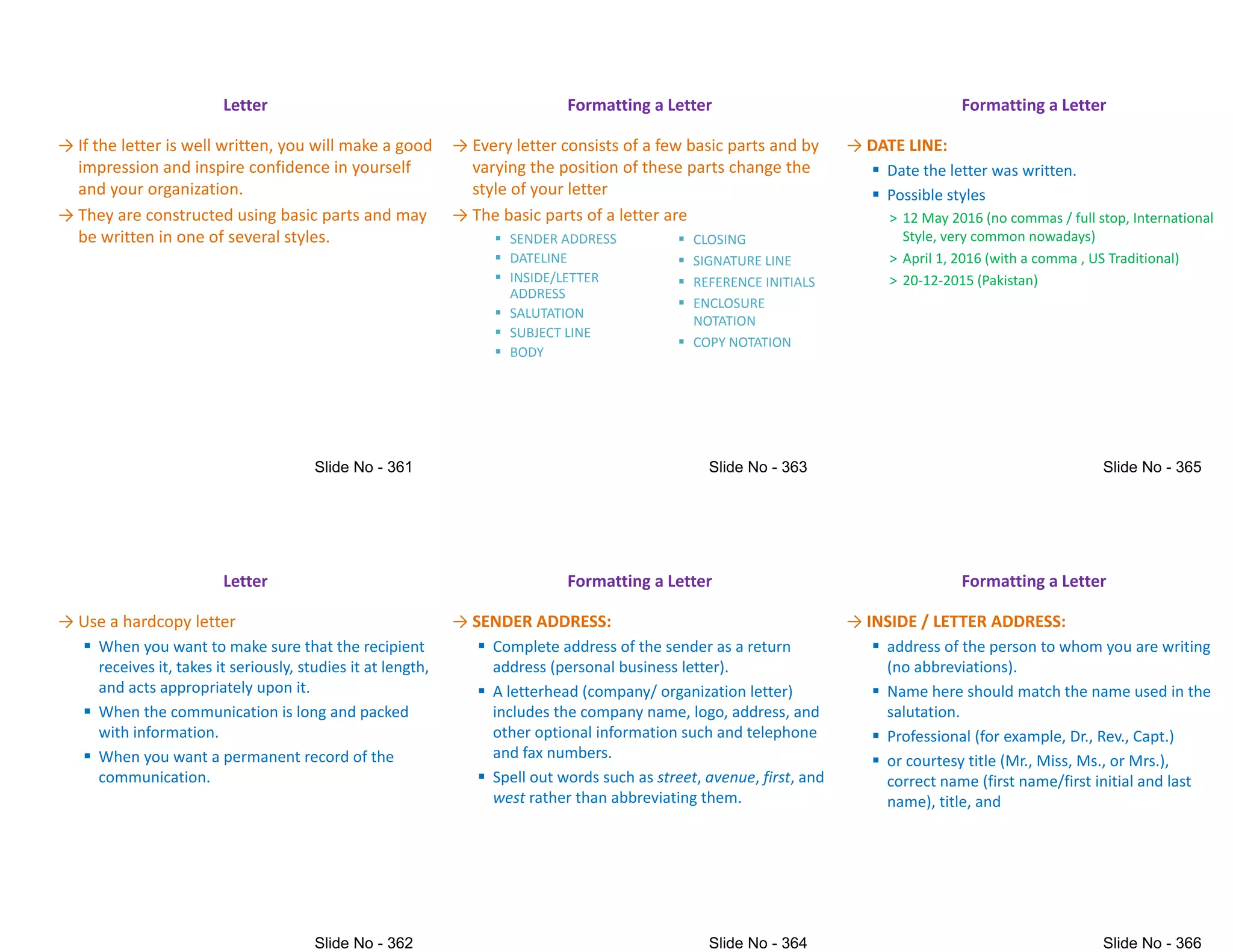 → If the letter is well written, you will make a good
impression and inspire confidence in yourself
and your organization.
→ They are constructed using basic parts and may
be written in one of several styles.
Letter
be written in one of several styles.
→ Use a hardcopy letter
 When you want to make sure that the recipient
receives it, takes it seriously, studies it at length,
and acts appropriately upon it.
 When the communication is long and packed
Letter
 When the communication is long and packed
with information.
 When you want a permanent record of the
communication.
→ Every letter consists of a few basic parts and by
varying the position of these parts change the
style of your letter
→ The basic parts of a letter are
Formatting a Letter
 SENDER ADDRESS CLOSING
 SENDER ADDRESS
 DATELINE
 INSIDE/LETTER
ADDRESS
 SALUTATION
 SUBJECT LINE
 BODY
 CLOSING
 SIGNATURE LINE
 REFERENCE INITIALS
 ENCLOSURE
NOTATION
 COPY NOTATION
→ SENDER ADDRESS:
 Complete address of the sender as a return
address (personal business letter).
 A letterhead (company/ organization letter)
includes the company name, logo, address, and
Formatting a Letter
includes the company name, logo, address, and
other optional information such and telephone
and fax numbers.
 Spell out words such as street, avenue, first, and
west rather than abbreviating them.
→ DATE LINE:
 Date the letter was written.
 Possible styles
> 12 May 2016 (no commas / full stop, International
Style, very common nowadays)
Formatting a Letter
Style, very common nowadays)
> April 1, 2016 (with a comma , US Traditional)
> 20-12-2015 (Pakistan)
→ INSIDE / LETTER ADDRESS:
 address of the person to whom you are writing
(no abbreviations).
 Name here should match the name used in the
salutation.
Formatting a Letter
salutation.
 Professional (for example, Dr., Rev., Capt.)
 or courtesy title (Mr., Miss, Ms., or Mrs.),
correct name (first name/first initial and last
name), title, and
 