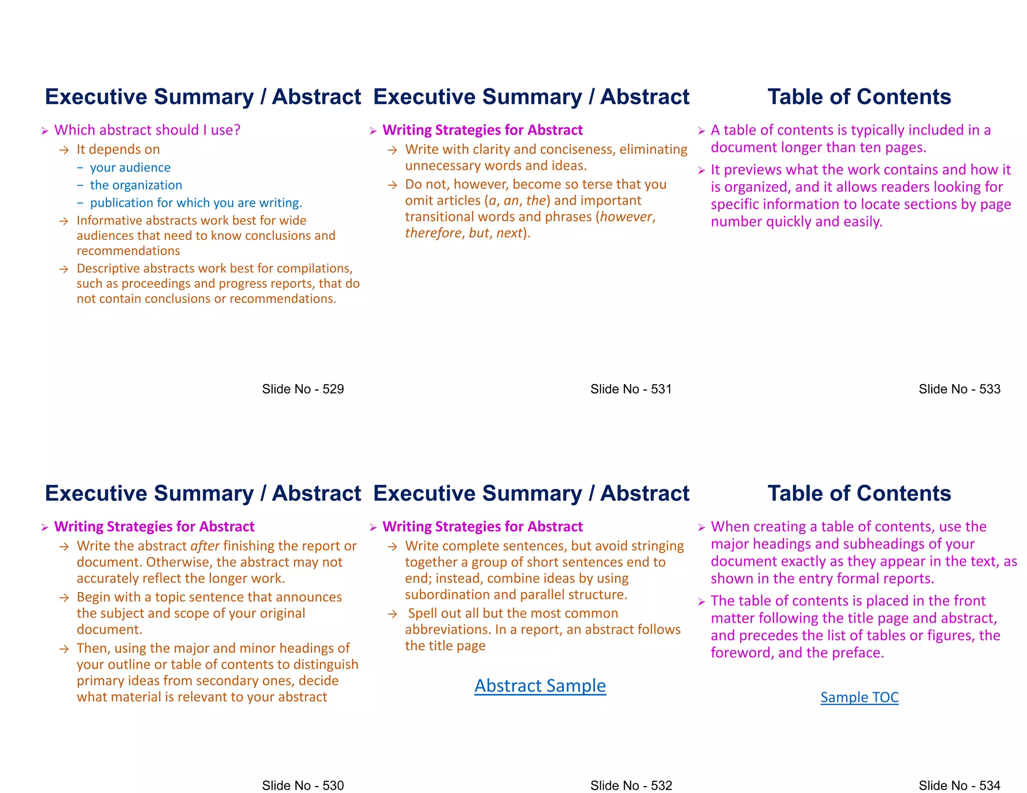 Executive Summary / Abstract
 Which abstract should I use?
→ It depends on
− your audience
− the organization
− publication for which you are writing.
− publication for which you are writing.
→ Informative abstracts work best for wide
audiences that need to know conclusions and
recommendations
→ Descriptive abstracts work best for compilations,
such as proceedings and progress reports, that do
not contain conclusions or recommendations.
Executive Summary / Abstract
 Writing Strategies for Abstract
→ Write the abstract after finishing the report or
document. Otherwise, the abstract may not
accurately reflect the longer work.
→ Begin with a topic sentence that announces
→ Begin with a topic sentence that announces
the subject and scope of your original
document.
→ Then, using the major and minor headings of
your outline or table of contents to distinguish
primary ideas from secondary ones, decide
what material is relevant to your abstract
Executive Summary / Abstract
 Writing Strategies for Abstract
→ Write with clarity and conciseness, eliminating
unnecessary words and ideas.
→ Do not, however, become so terse that you
omit articles (a, an, the) and important
omit articles (a, an, the) and important
transitional words and phrases (however,
therefore, but, next).
Executive Summary / Abstract
 Writing Strategies for Abstract
→ Write complete sentences, but avoid stringing
together a group of short sentences end to
end; instead, combine ideas by using
subordination and parallel structure.
subordination and parallel structure.
→ Spell out all but the most common
abbreviations. In a report, an abstract follows
the title page
Abstract Sample
Table of Contents
 A table of contents is typically included in a
document longer than ten pages.
 It previews what the work contains and how it
is organized, and it allows readers looking for
specific information to locate sections by page
specific information to locate sections by page
number quickly and easily.
Table of Contents
 When creating a table of contents, use the
major headings and subheadings of your
document exactly as they appear in the text, as
shown in the entry formal reports.
 The table of contents is placed in the front
 The table of contents is placed in the front
matter following the title page and abstract,
and precedes the list of tables or figures, the
foreword, and the preface.
Sample TOC
 
