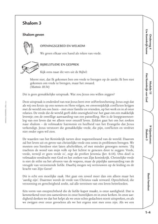 Onderweg4
UwKoninkrijkkome
Module15
HetKoninkrijkvanGod
9e
bijeenkomst:
Shalom3
Basishandout
1-4
EMMAÜS-ONDERWEG4-72-02/2004
Shalom 3
Shalom geven
OPENINGSGEBED EN WELKOM
We geven elkaar een hand als teken van vrede.
BIJBELSTUDIE EN GESPREK
Kijk eens naar dit vers uit de Bijbel:
Meent niet, dat Ik gekomen ben om vrede te brengen op de aarde; Ik ben niet
gekomen om vrede te brengen, maar het zwaard.
(Matteüs 10:34)
Dit is geen gemakkelijke uitspraak. Wat zou Jezus ons willen zeggen?
Deze uitspraak is onderdeel van wat Jezus leert over zelfverloochening. Jezus zegt dat
als wij ons kruis op ons nemen en Hem volgen, we onvermijdelijk conflicten krijgen
met de wereld om ons heen – met onze familie en vrienden, op het werk en in al onze
relaties. De vrede die de wereld geeft dekt onenigheid toe: het gaat om een makkelijk
leventje; om de onwillige aanvaarding van een patstelling. Het is de loopgravenoor-
log van een leven dat we alleen voor onszelf leven. Zelden gaat het om het zoeken
naar shalom – de volmaakte harmonie en heelheid van het Evangelie dat Jezus
verkondigt. Jezus verstoort die gemakkelijke vrede, die pijn, conflicten en verdriet
niet onder ogen wil zien.
De waarden van het Koninkrijk tarten deze wapenstilstand van de wereld. Daarom
zal het leven uit en geven van christelijke vrede ons soms in problemen brengen. We
moeten ons hierdoor niet laten afschrikken, of met minder genoegen nemen. ‘Zij
trachten de wond van mijn volk op het lichtst te genezen door te zeggen: Vrede,
vrede, terwijl er geen vrede is’, zegt de profeet Jeremia (Jer. 6:14). Ons doel is
volmaakte eendracht met God en het zoeken van Zijn koninkrijk. Christelijke vrede
is niet de stilte na het afvuren van de wapens, maar de pijnlijke aanvaarding van de
vreugde van verzoenende liefde. Daarbij mogen wij vertrouwen op de leiding en de
kracht van Zijn Geest!
Dit is echt een moeilijke zaak. Het gaat om zoveel meer dan om alleen maar het
‘aardig zijn’. Daarmee wordt de vrede van Christus vaak verward. Oprechtheid, die
verzoening en gerechtigheid zoekt, zal alle terreinen van ons leven beïnvloeden.
Eén vorm van onoprechtheid die de liefde kapot maakt, is onze aardigheid. Dat is
kenmerkend voor ons samenleven in onze huwelijken en in onze kerken. In onze aar-
digheid denken we dat het helpt als we onze echte gedachten nooit uitspreken, en als
we zwijgen over onze gevoelens als we het ergens niet mee eens zijn. Als we een
 